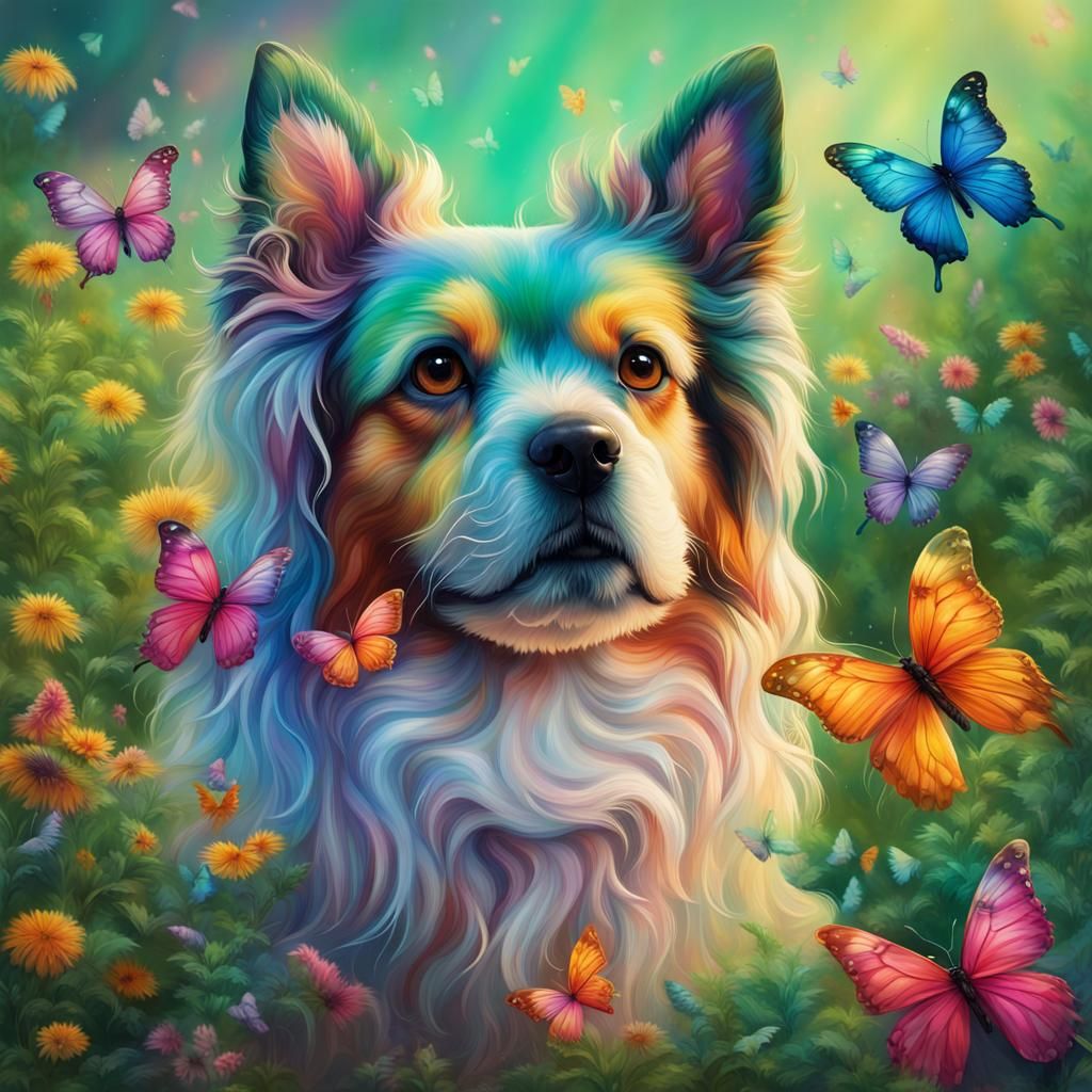 a Colorful crystal shiny hair dog in a green garden, backgro...