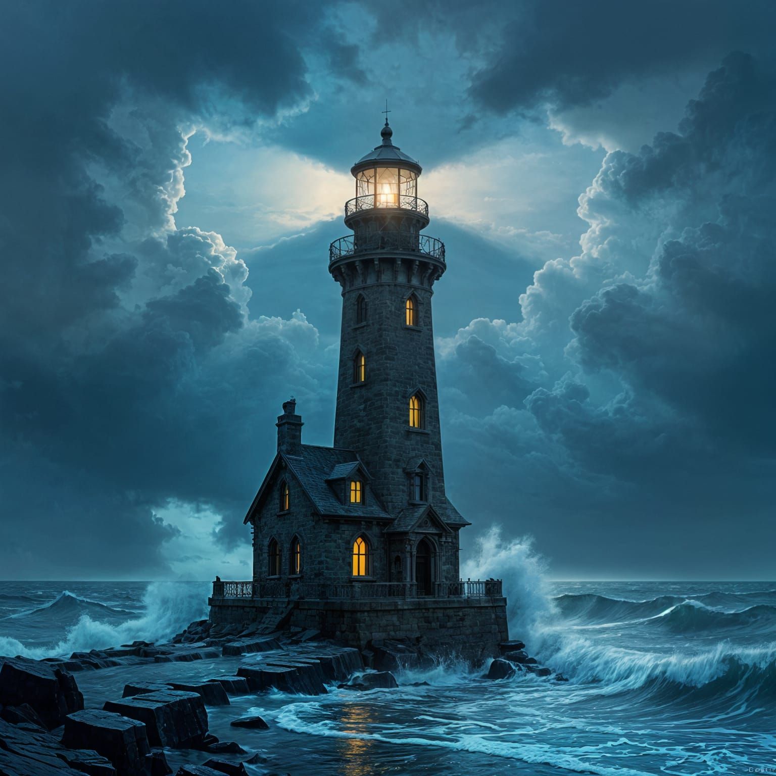 A solitary lighthouse stands defiantly against a stormy, bruised sky, its beam cutting through the oppressive darkness. The surrounding sea ...