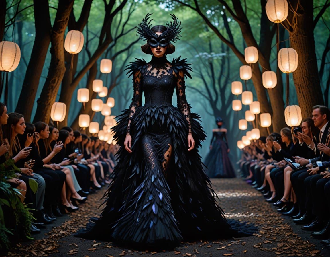 A mysterious model walks down an enchanted forest runway at midnight.  by @The Darkest Star