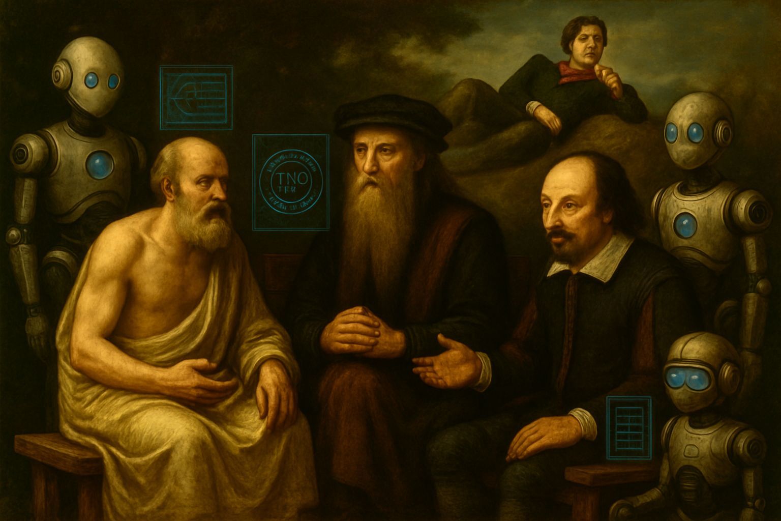 The three smartest people in human history—Socrates, Leonardo da Vinci, and Shakespeare— are debating in ancient Greek on the merits of time travel, sometime in the future.