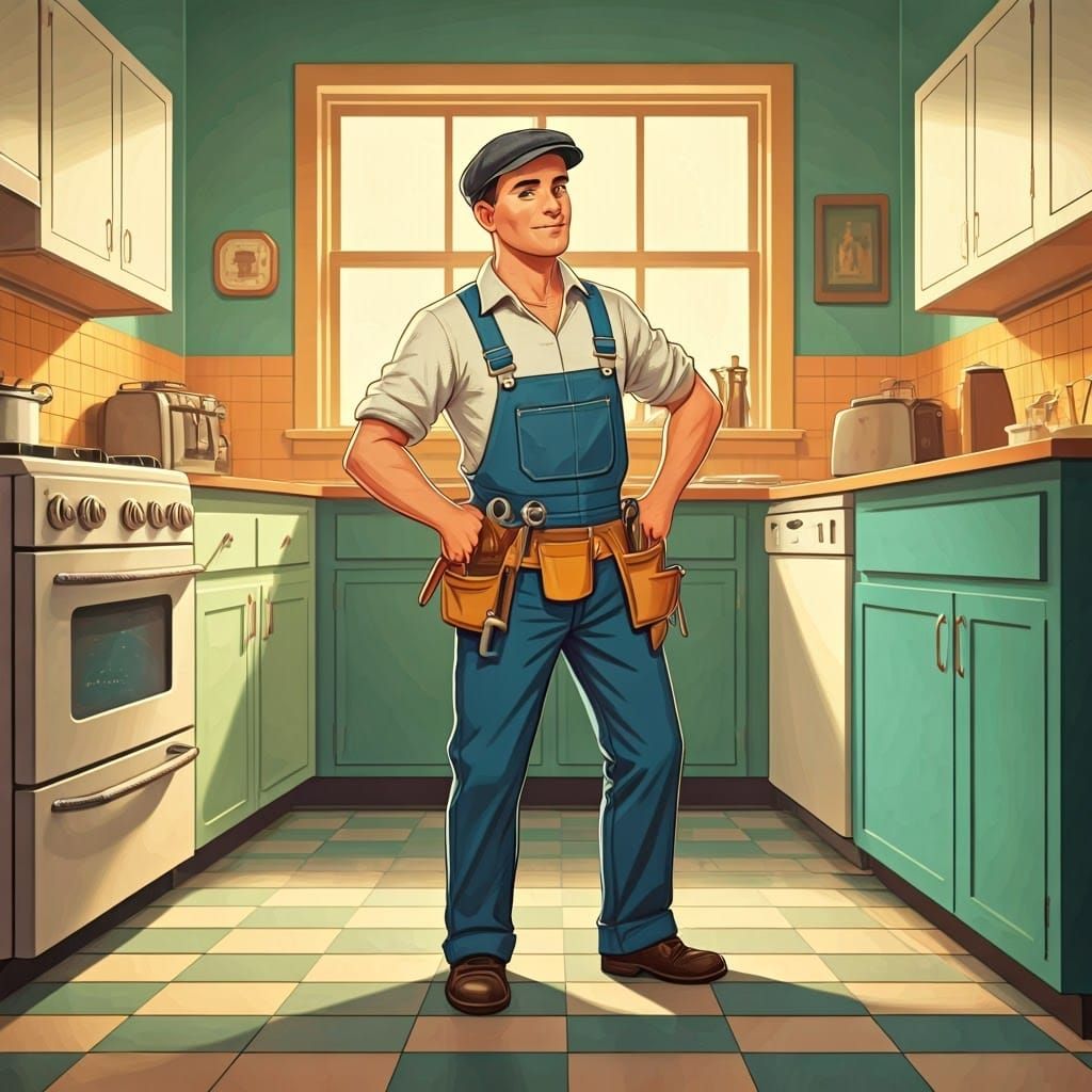 Handyman Fixing Pipe in Retro 1950s Kitchen
