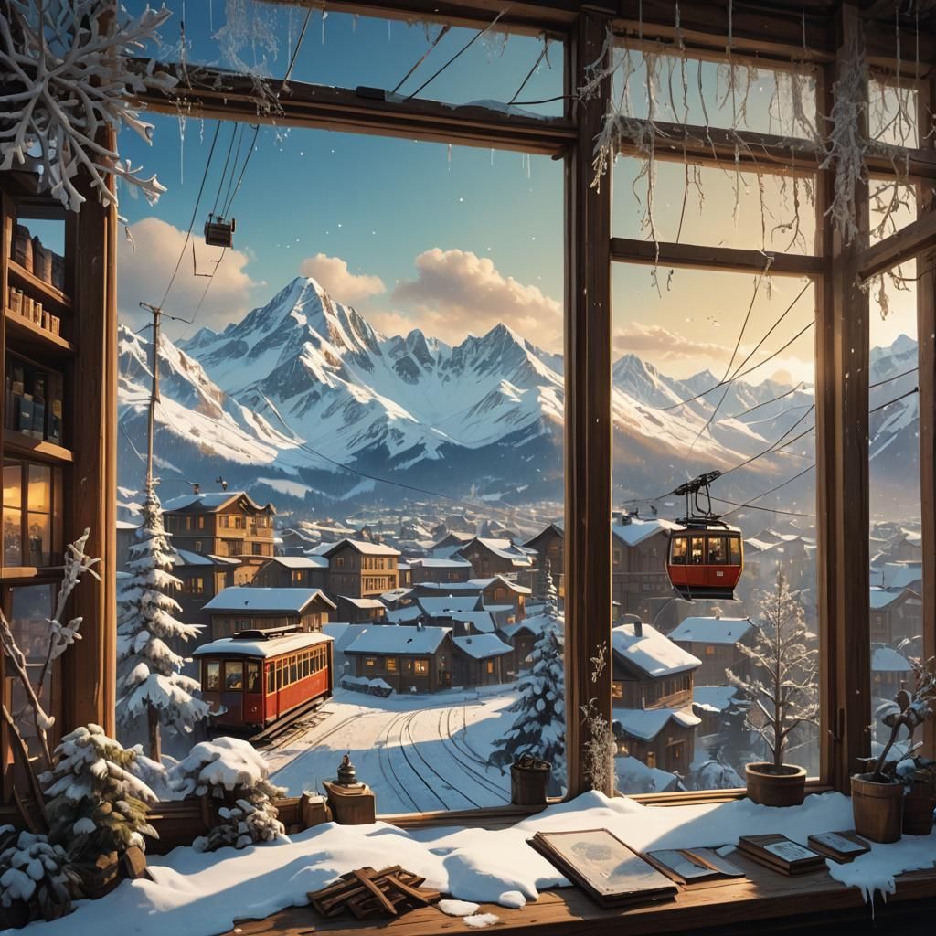 Snowy Mountain View Through Shop Window