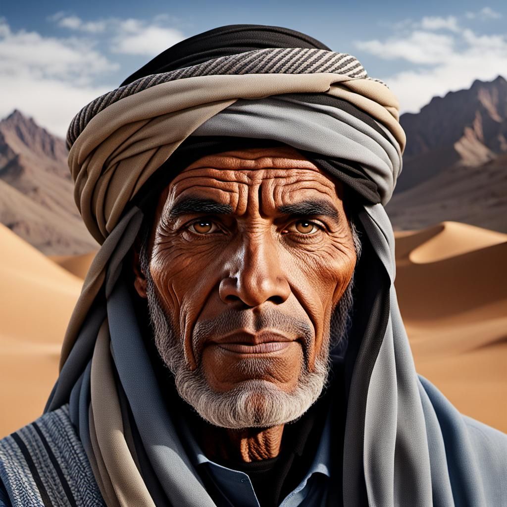 A 3D illustration of a real Tuareg man with a background con...
