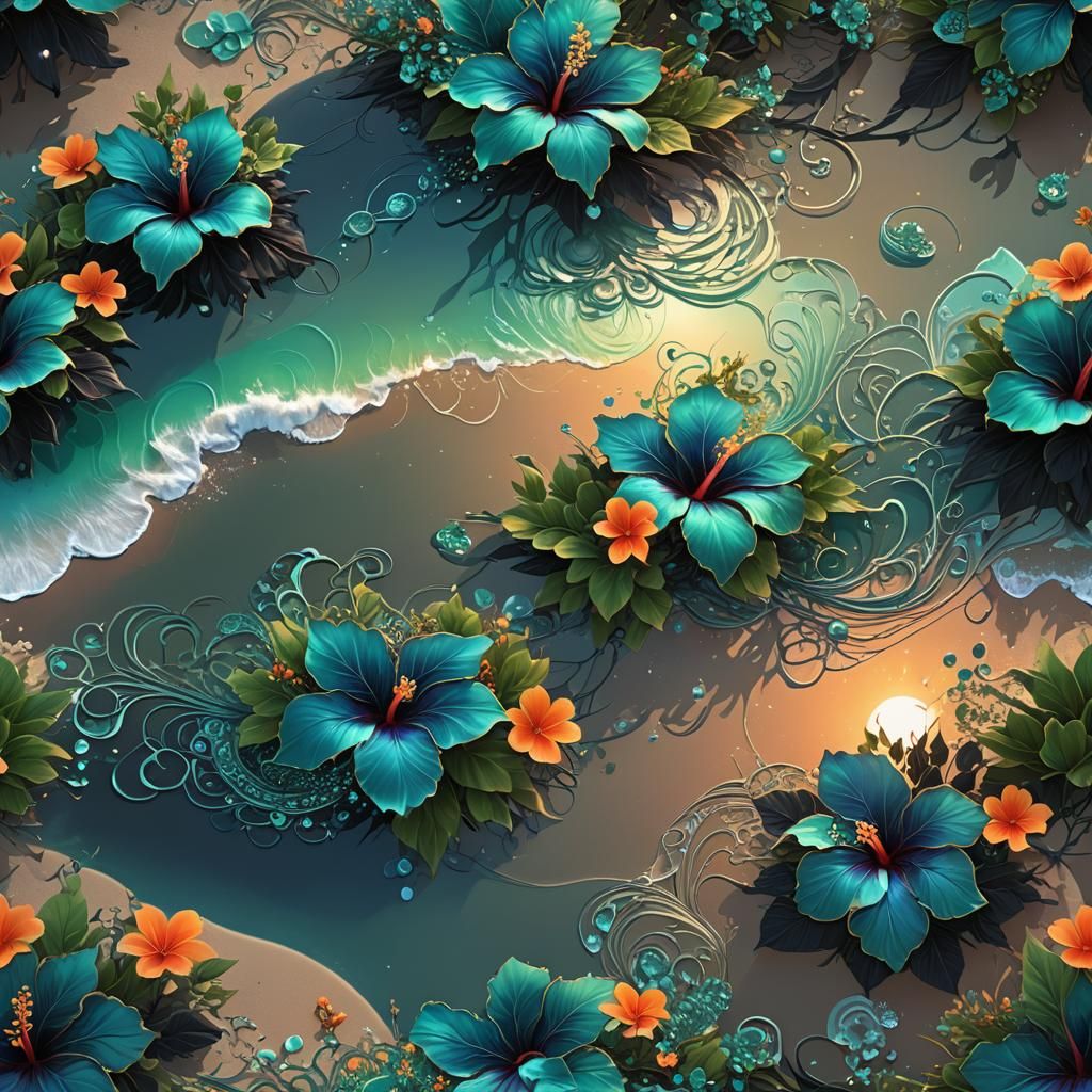 Filigree iridescent green black teal blue white orange hibis...