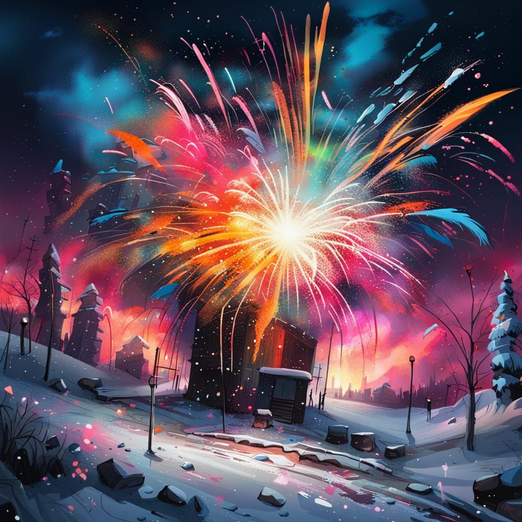 fireworks at night in a snowy landscape, 4k