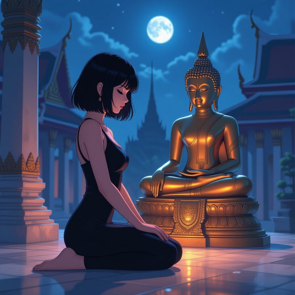 Anime Woman Kneels Before Buddha in Moonlit Thai Temple