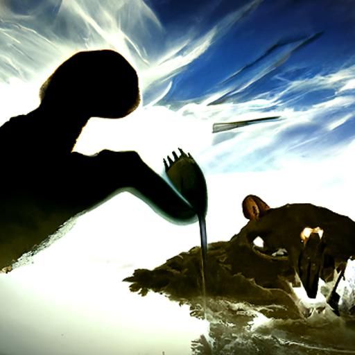 god fighting a giant rat with a spork