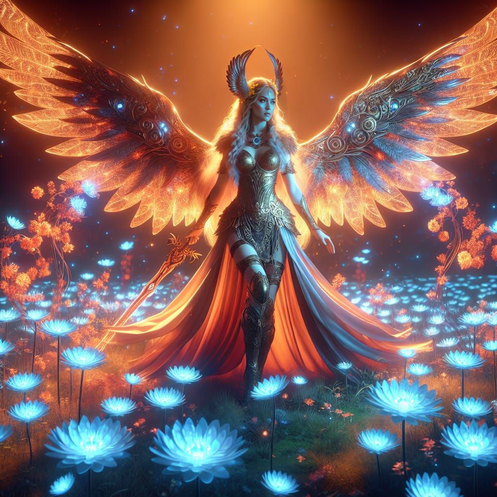 Majestic Valkyrie in Bioluminescent Flower Field