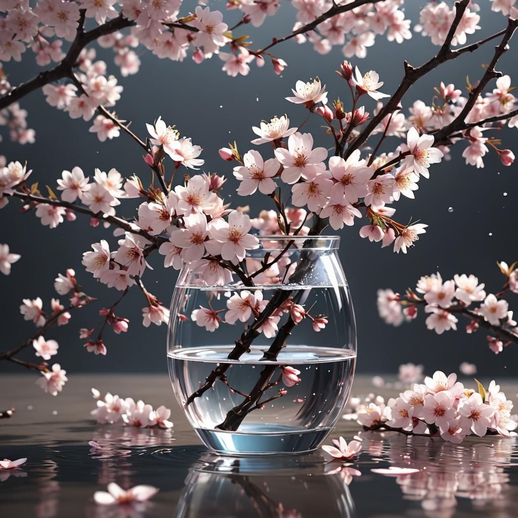 Cherry Blossoms in Vase of water half full, half empty