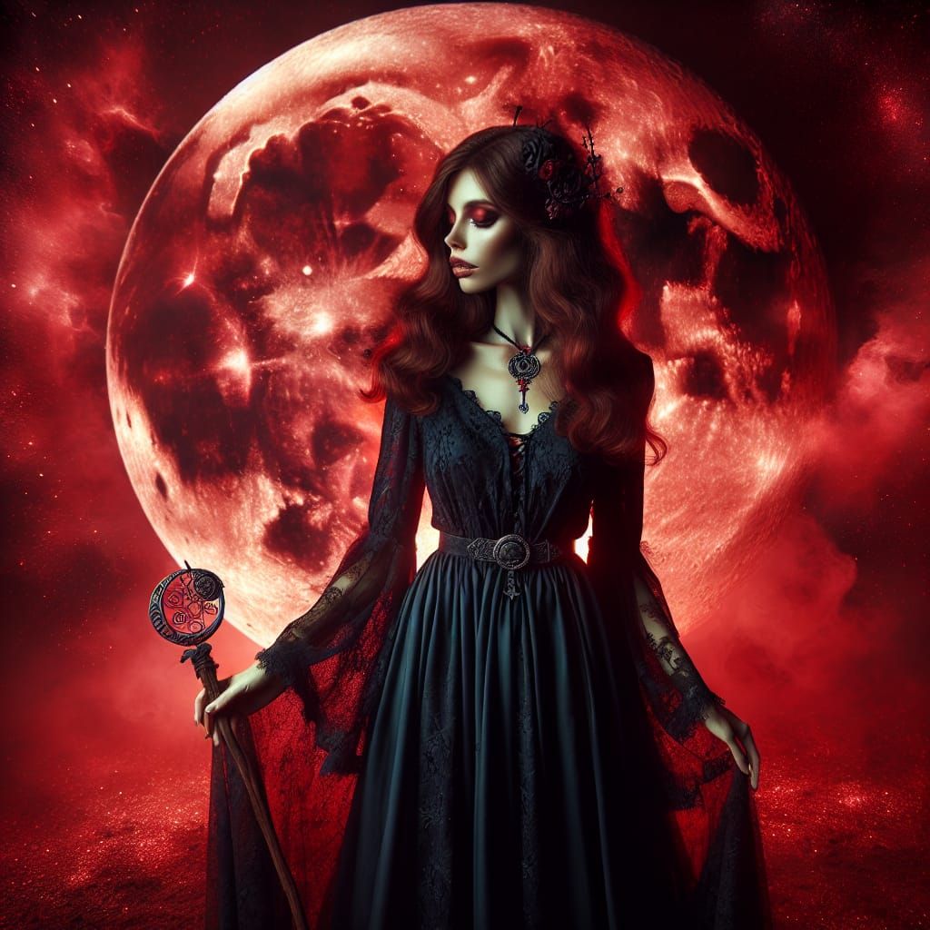 beautiful woman with blood moon landscape in all vibrant red