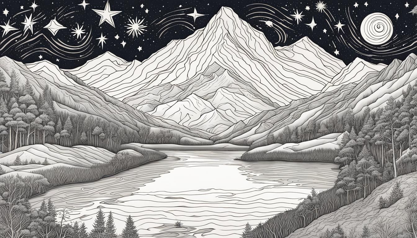 Landscape drawing of mountains, river,hills, and trees using ink and  markers.