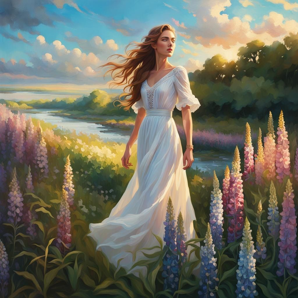 Woman in White Dress Walking by River