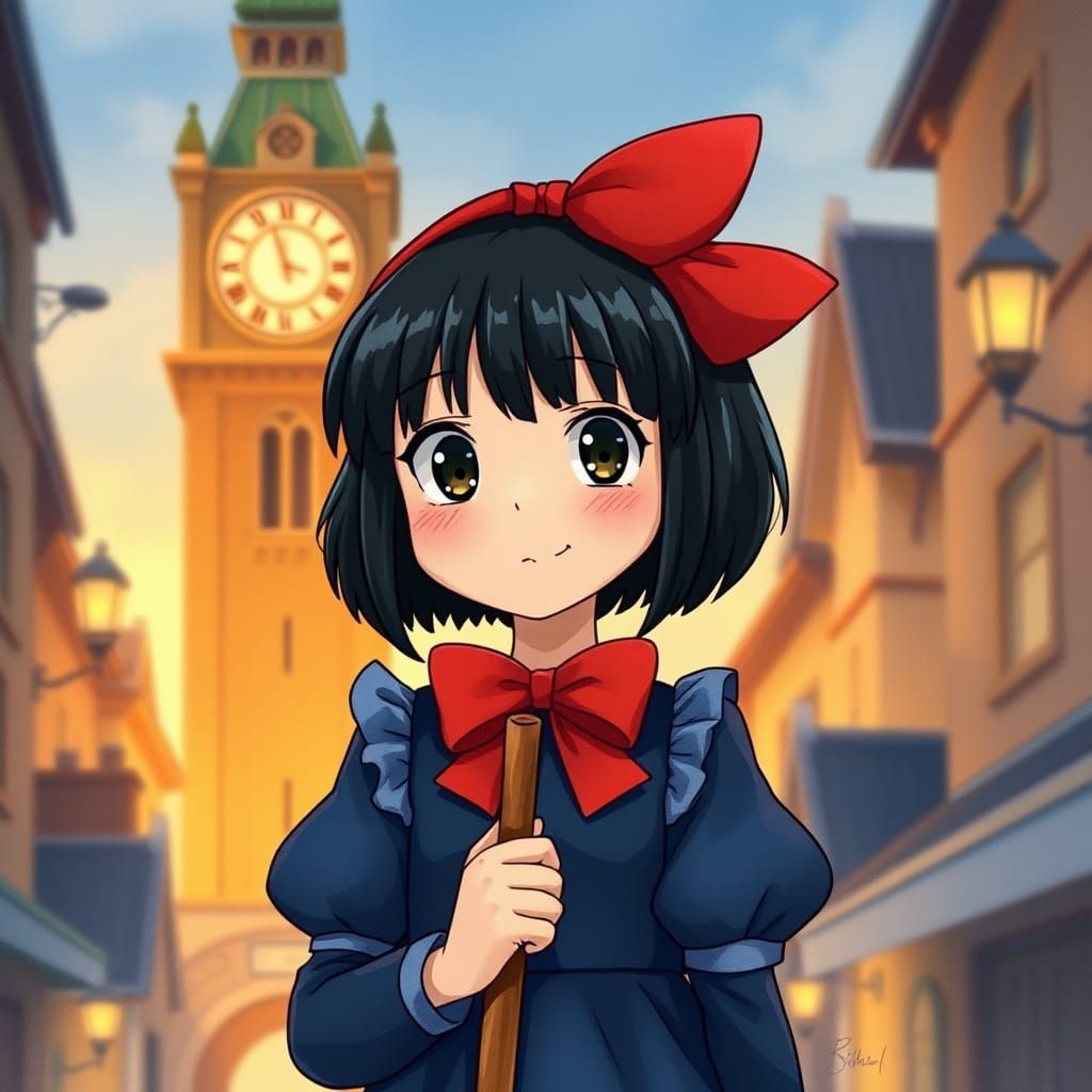 Girl with Broom Stands Proud in Whimsical European Town