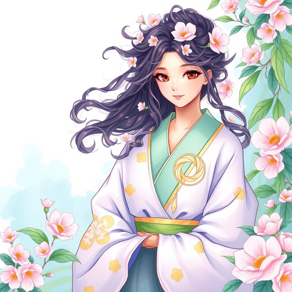 Ethereal Woman in Kimono with Flowers: Anime Key Visual