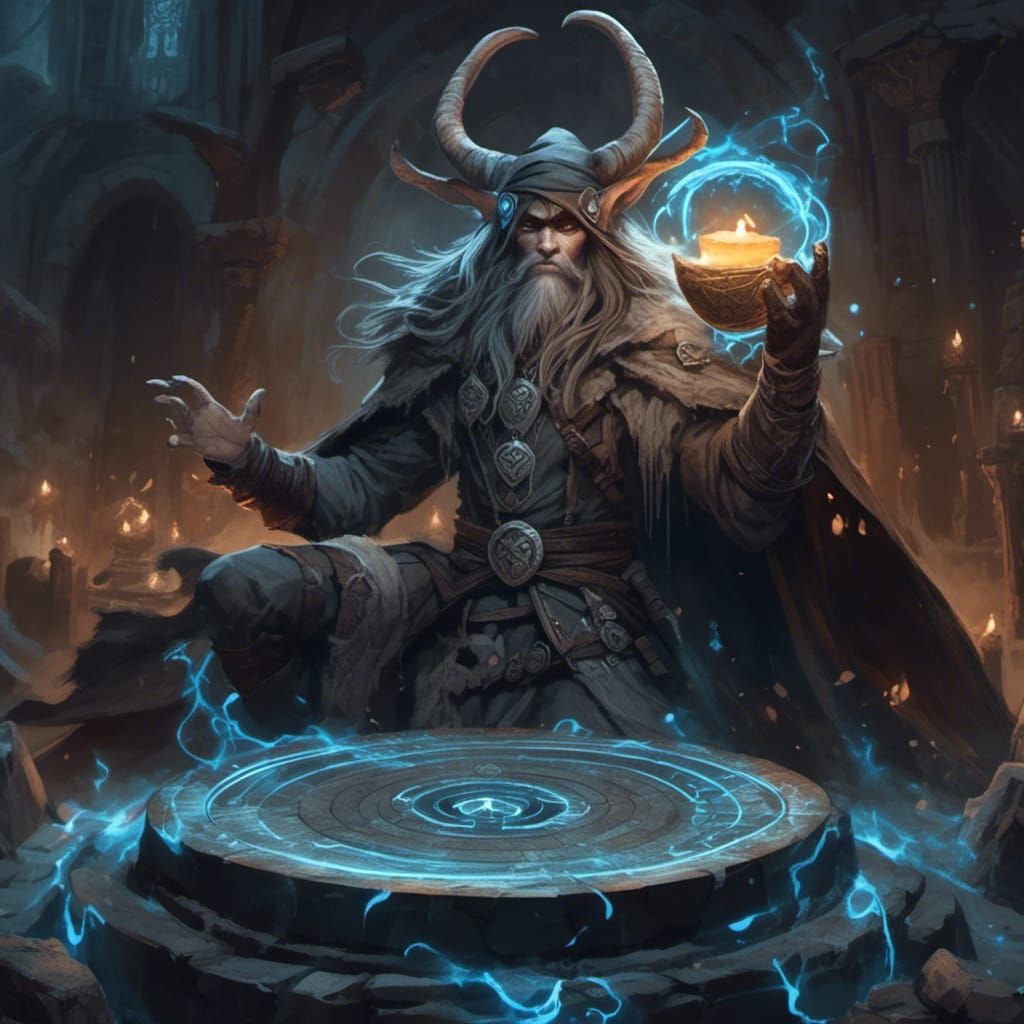 Dark ancient temple, tall, lean, ragged male mage gray "ELF", sharp