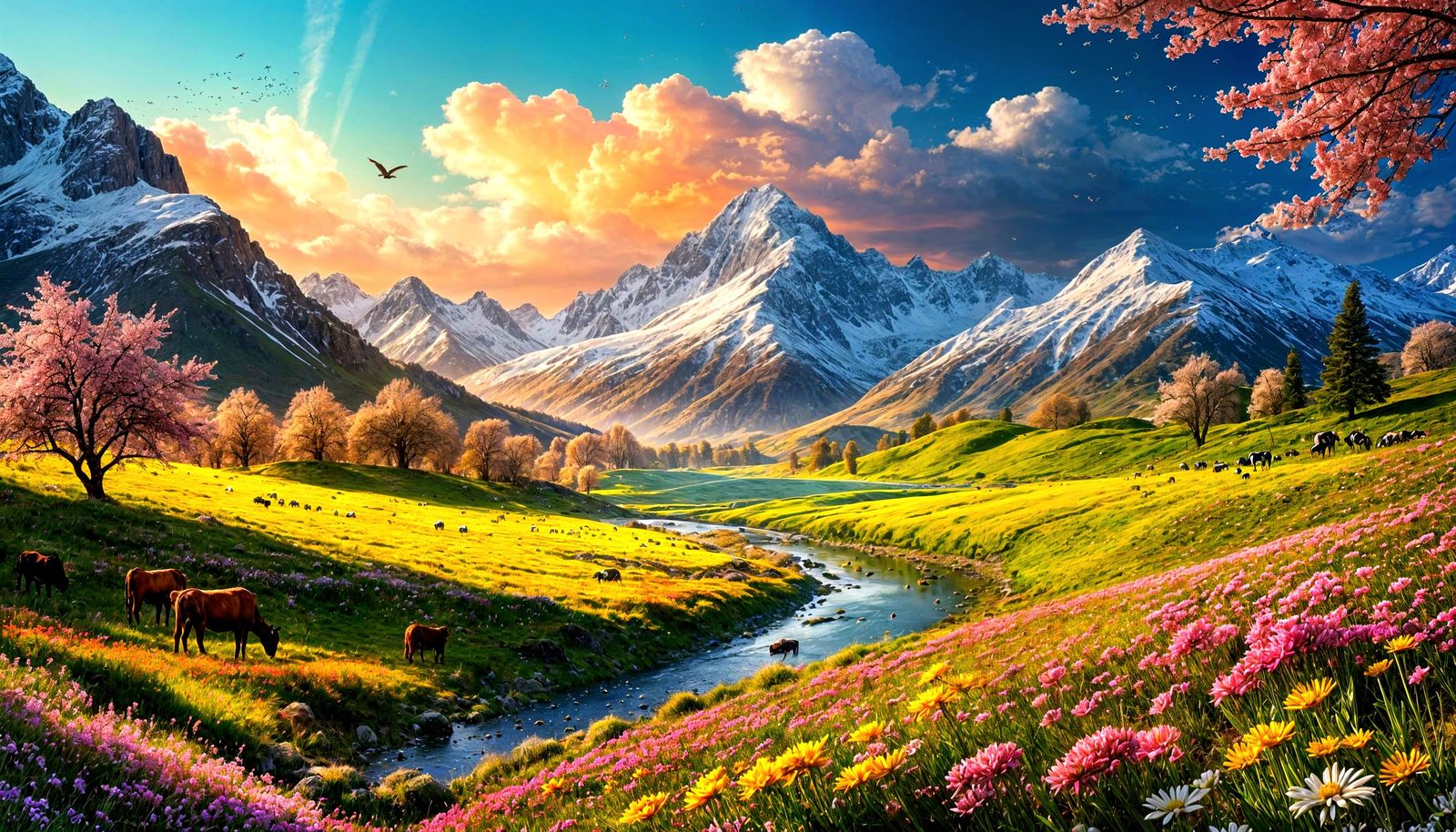 Undulating landscape with contrasty highly colourful and resolute spring flowers with birds and bees ...  by @Azee