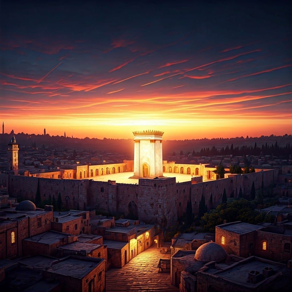 Jerusalem Temple Aglow at Sunset: Sci-Fi Digital Art