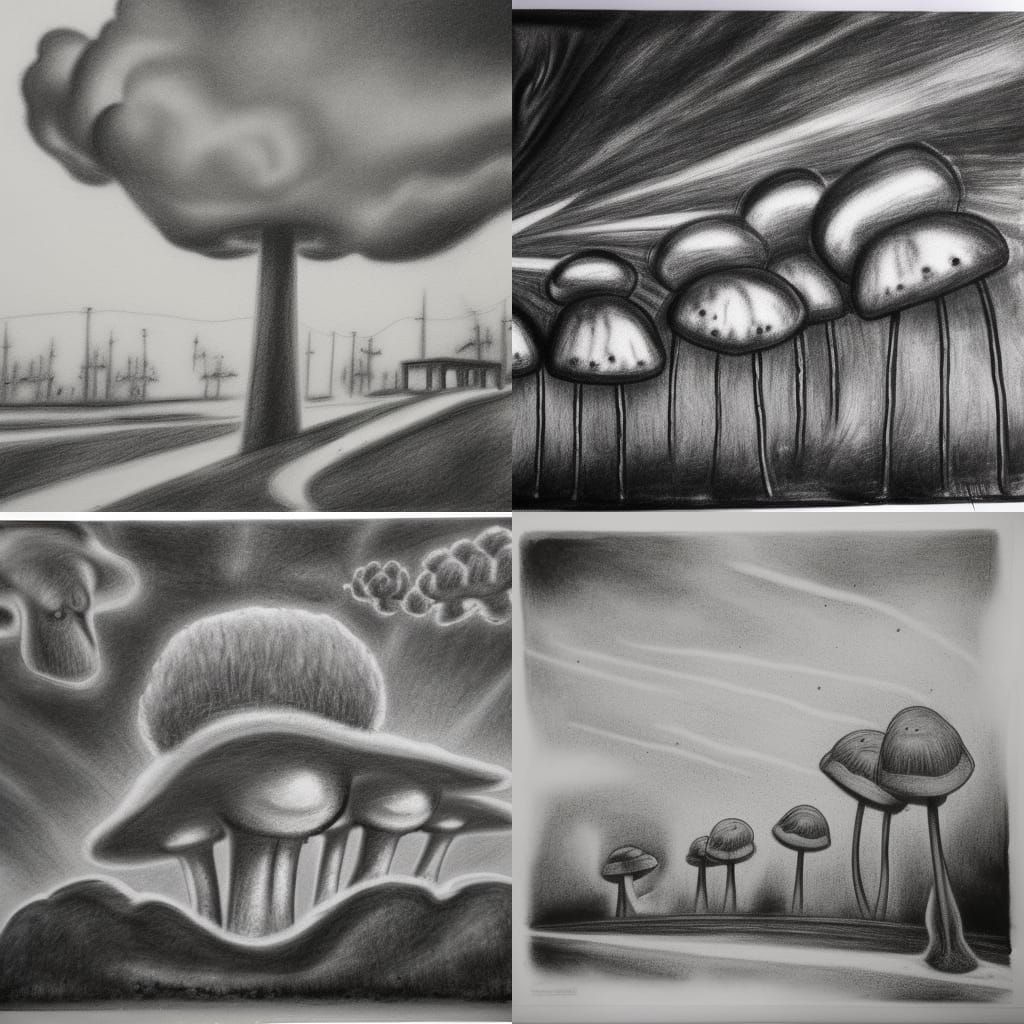 Atomic explosion mushroom  cloud elementary school bus stop