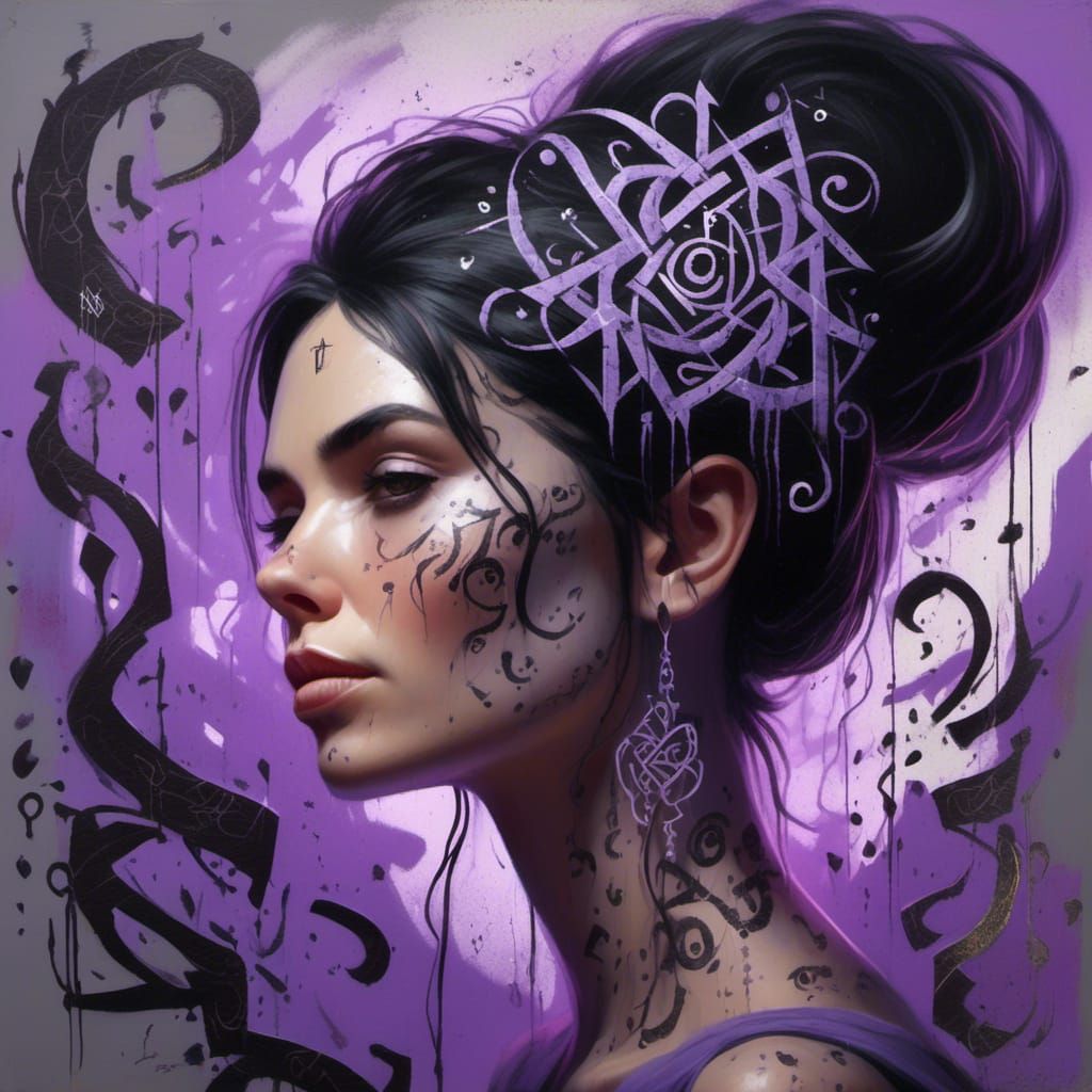 Glowing rune black, beautiful older woman with graying black...