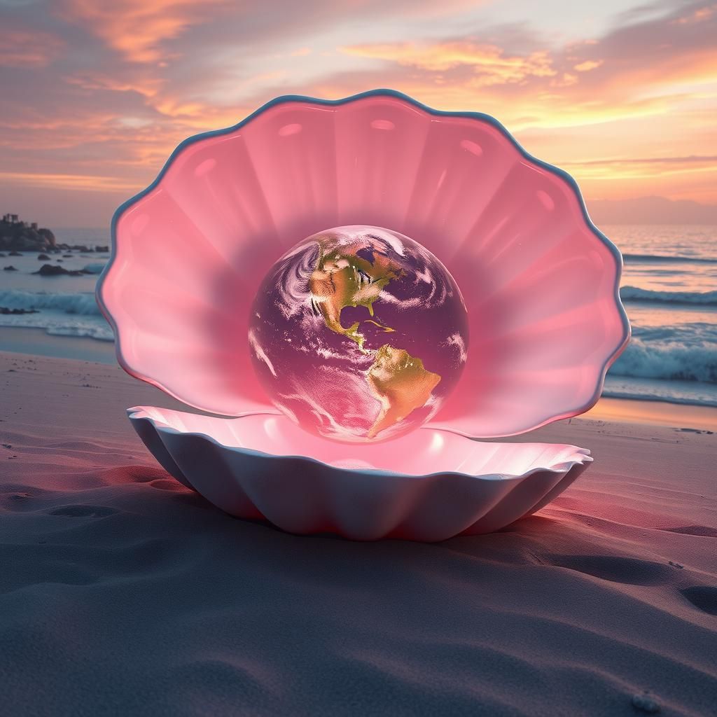 The Earth is the pearl of the Universe. A 3D rendering of a cinematic photography style shot of a large open pearl shell lying on the sandy...