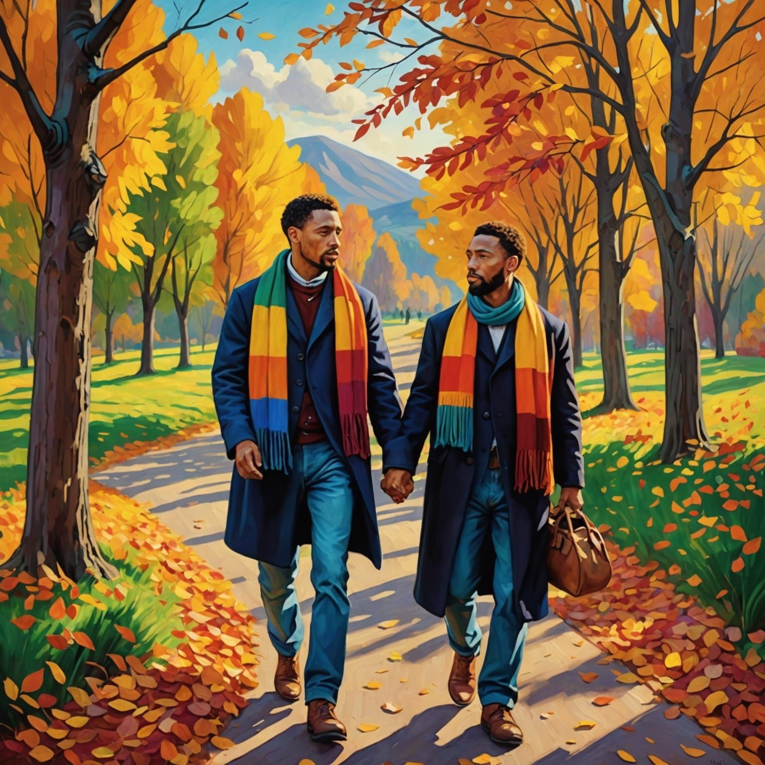 Vibrant oil painting. Medium shot. A proud mixed race gay couple