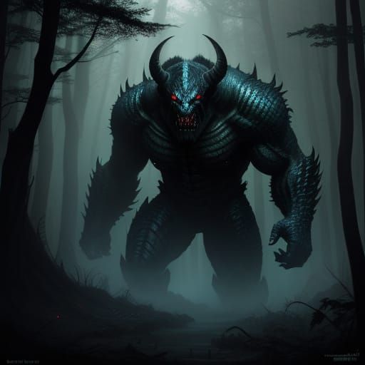 Dark Fantasy Creature Lurks in Misty Forest Clearing