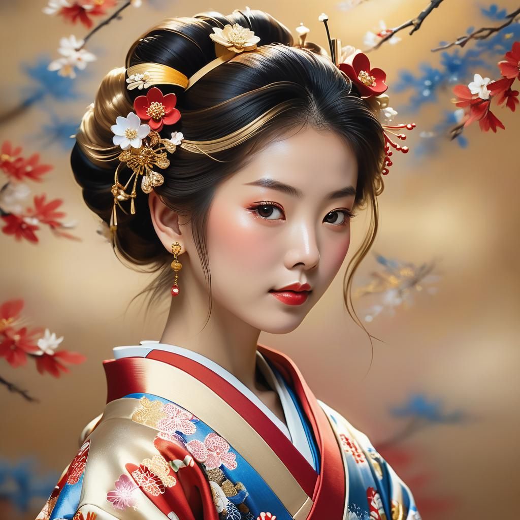 Japanese Woman in Kimono: Vibrant Oil Painting