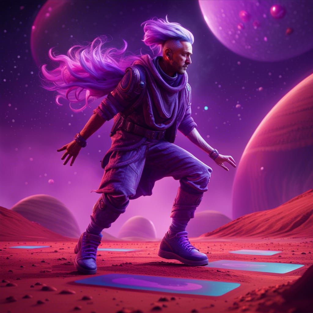 A purple haired man playing dance dance revolution on Mars