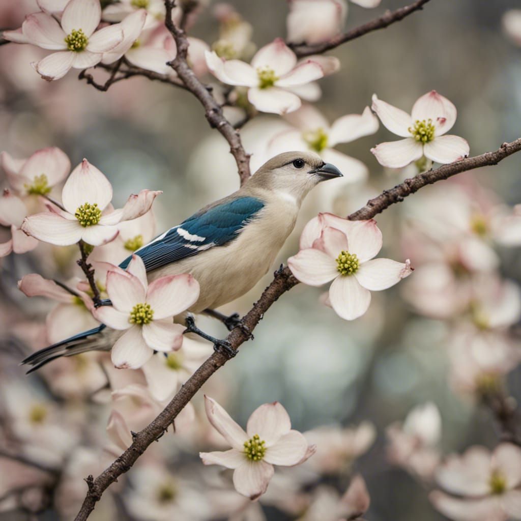 Dogwood Tree Flowers with Bird Perched on Branch