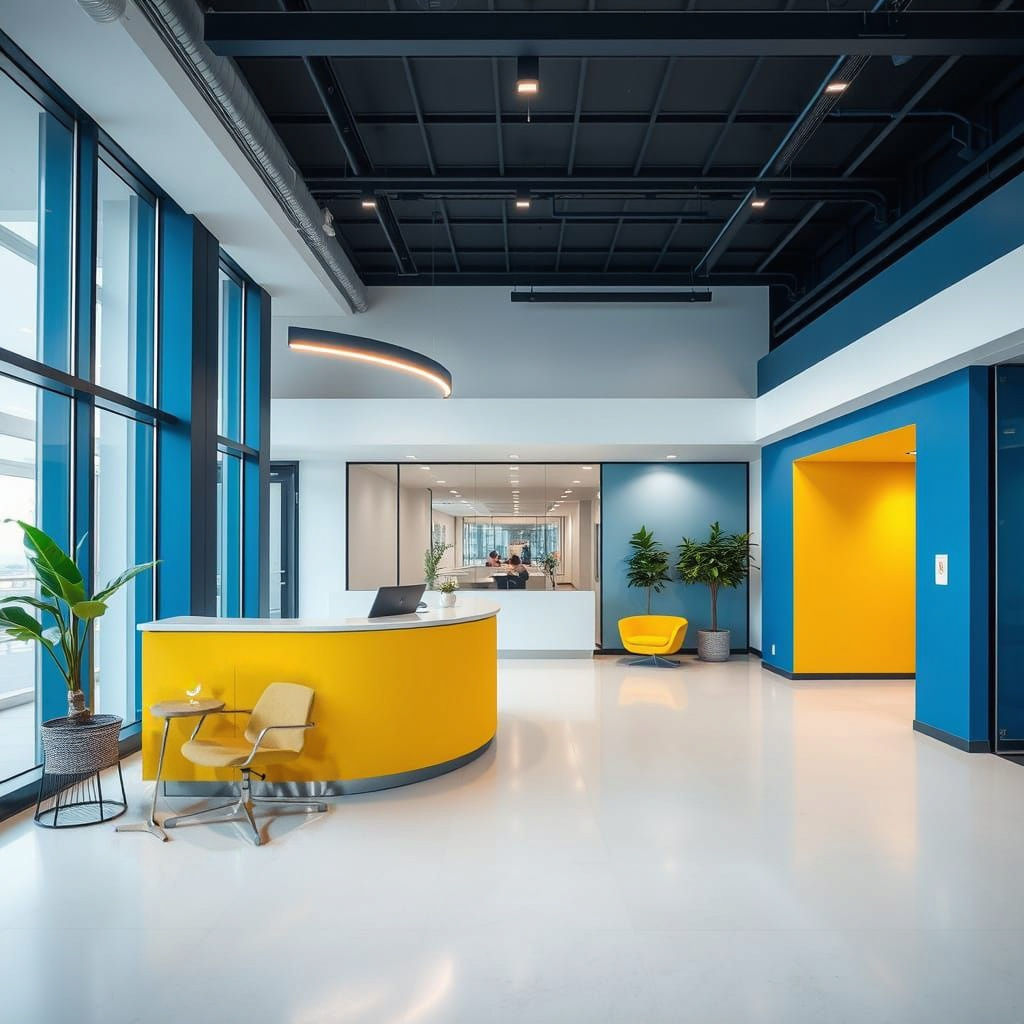 CREATE A CORPORATE OFFICE RECEPTION IN BLUE YELLOW WHITE COLOURS, MODERN LOOK, MINIMAL DESIGN