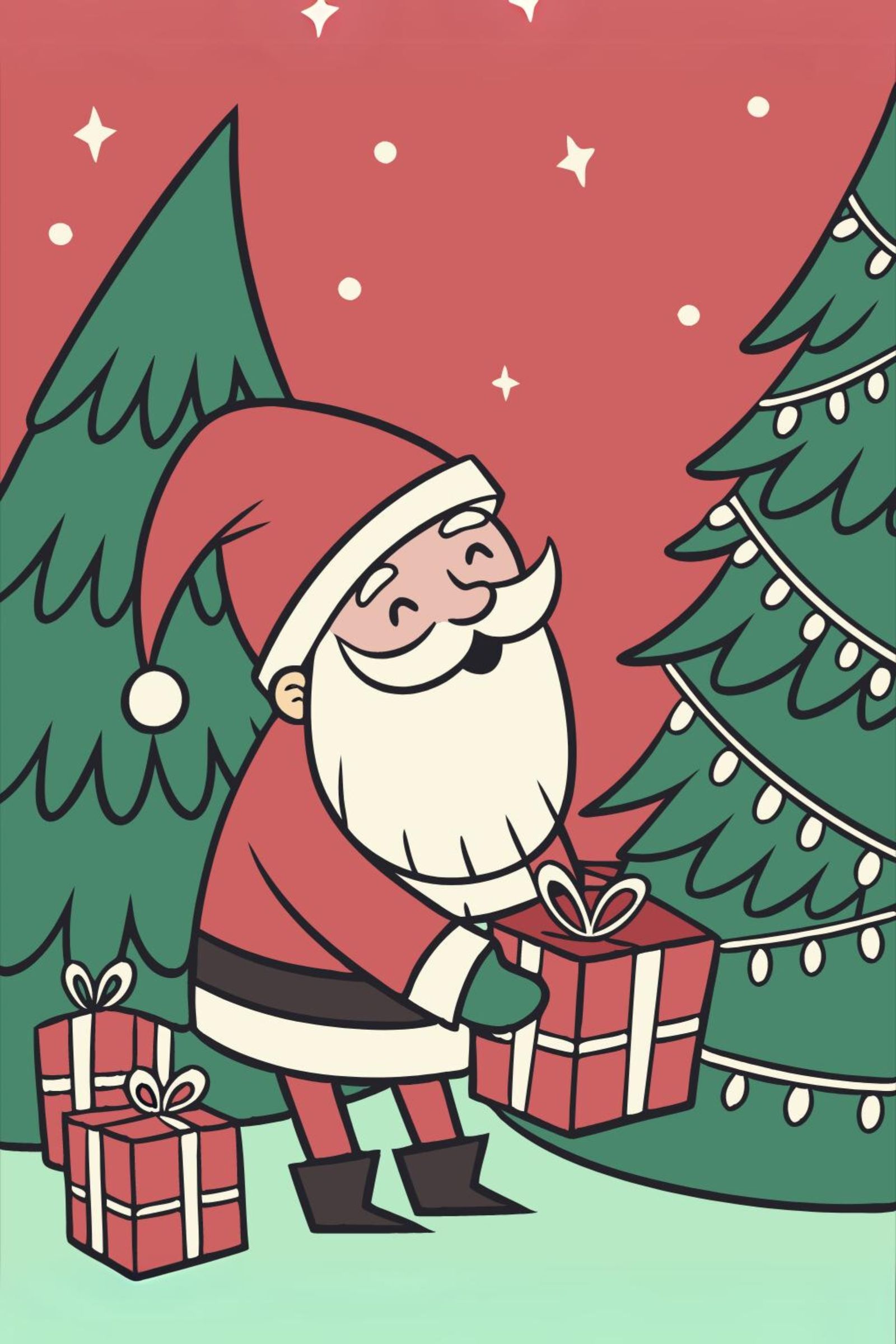 Cartoon Santa putting Christmas presents under the tree