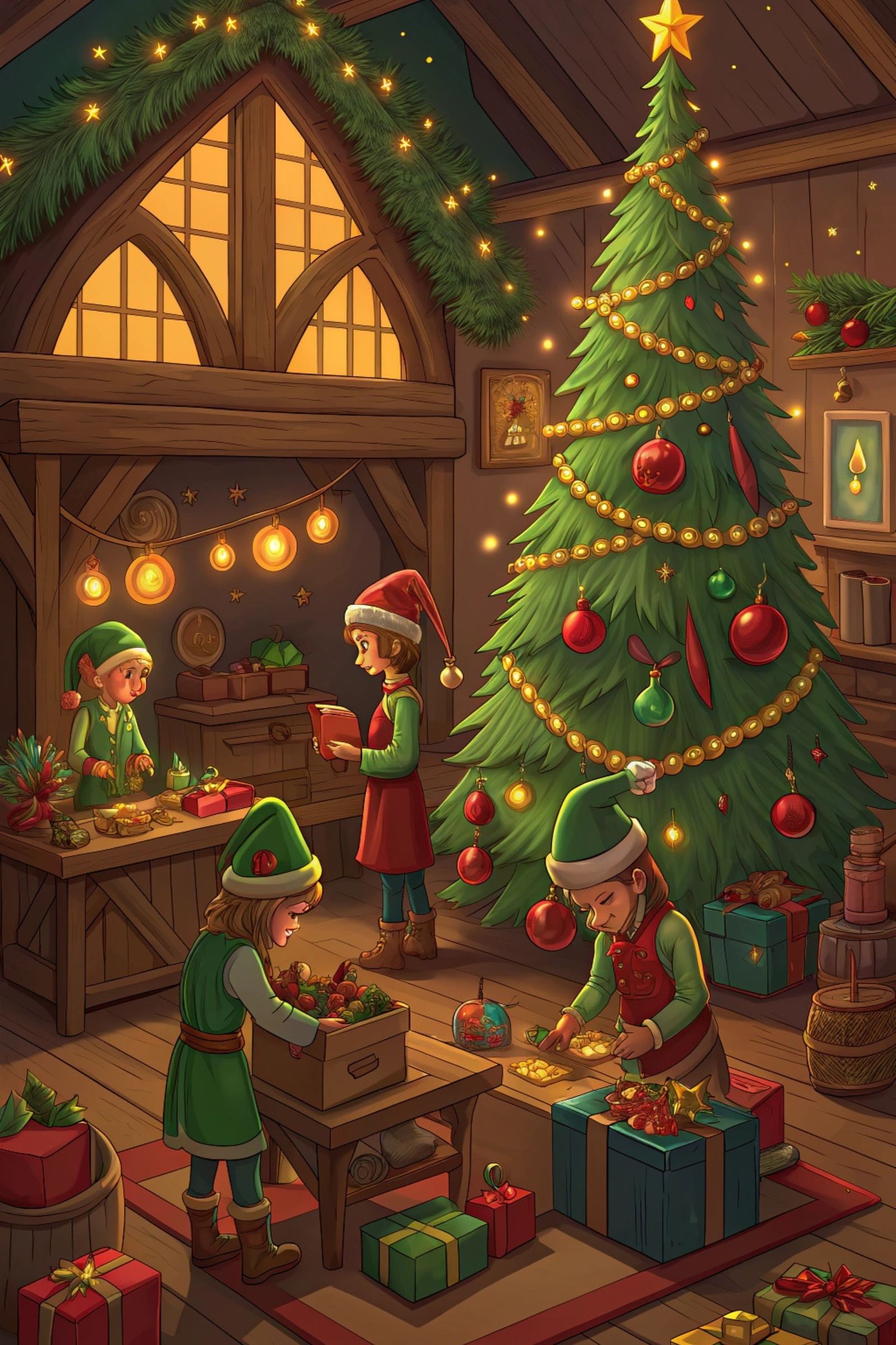 Elves in Santa's workshop getting ready for Christmas
