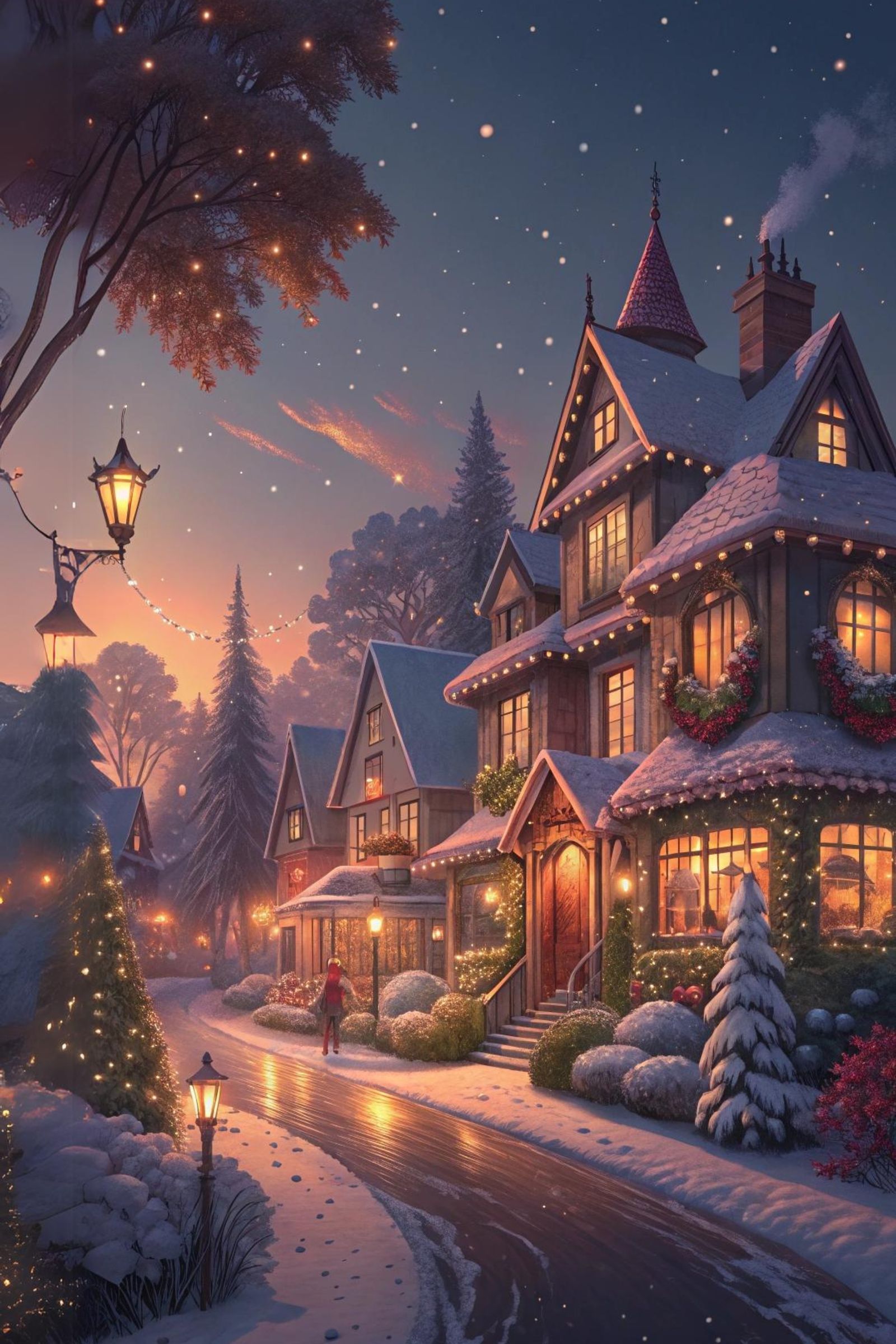 Snowy neighborhood on Christmas eve at the twilight hour