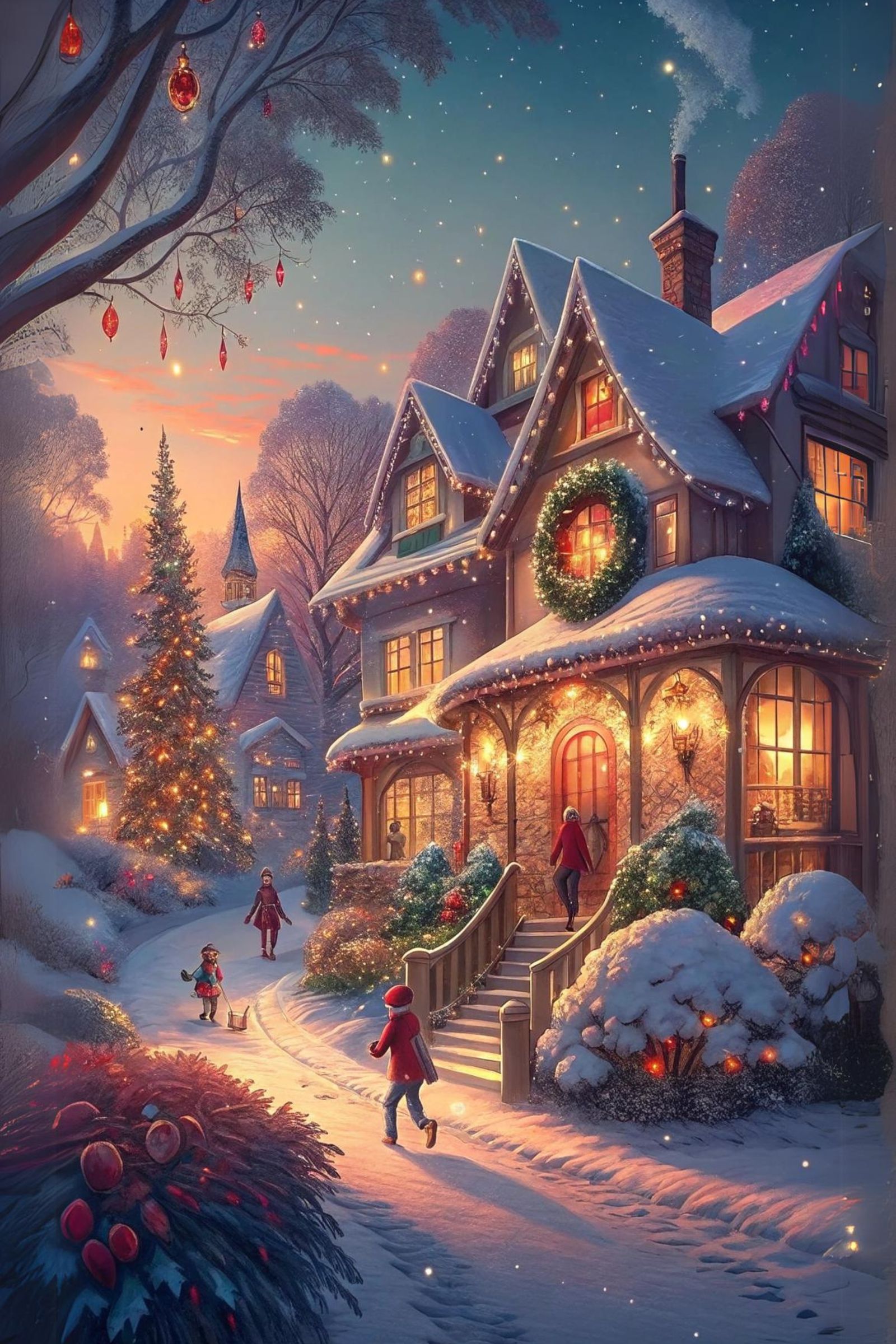 Snowy neighborhood decorated for Christmas with Children pla...