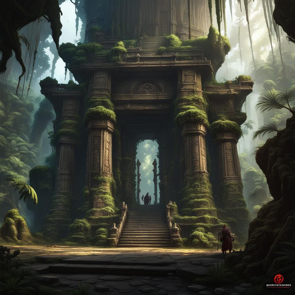 Dungeons and Dragons temple in the jungle with broken columns in the ...