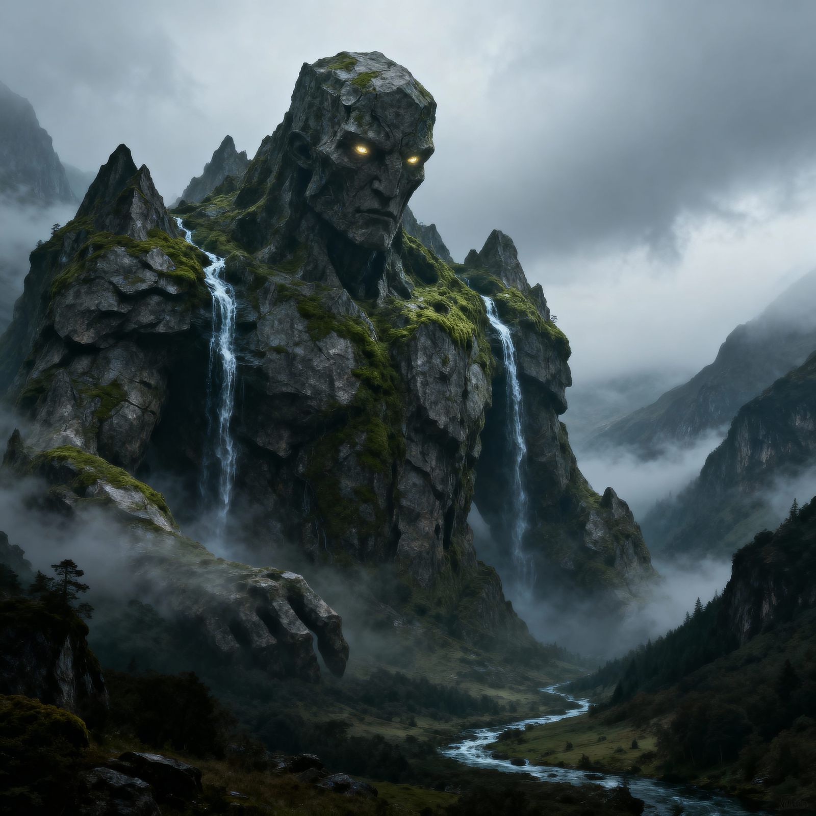 A gargantuan, moss-covered stone golem, its body made of entire mountain peaks, slowly awakens in a valley ...  by @Wesly 