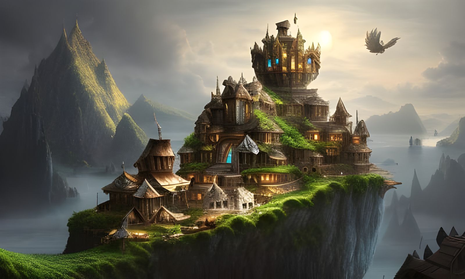 Epic Floating Island Over Village: Digital Matte Painting