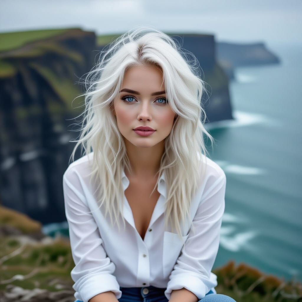 Albino Woman on Cliffs Overlooking Gray Wavy Sea