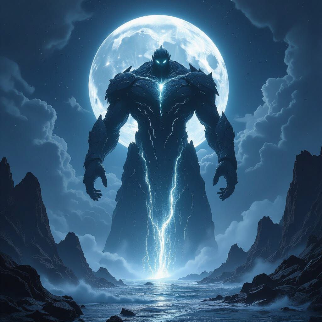 An enormous celestial being descends through a moonlit storm, its surface made of living stone, liquid light flowing through deep fractures ...