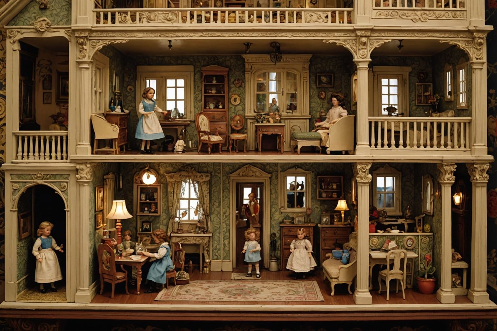"A surreal scene where a giant child peers closely into a classic, ornate dollhouse, her eyes wide with ...  by @GoingJade