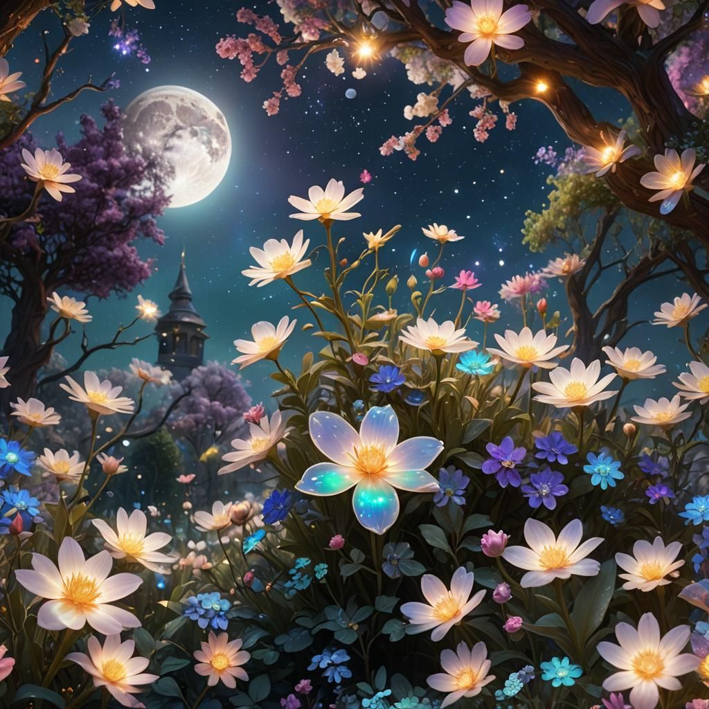 Opal crystal flower, in a garden, Milky Way galaxy, shining ...