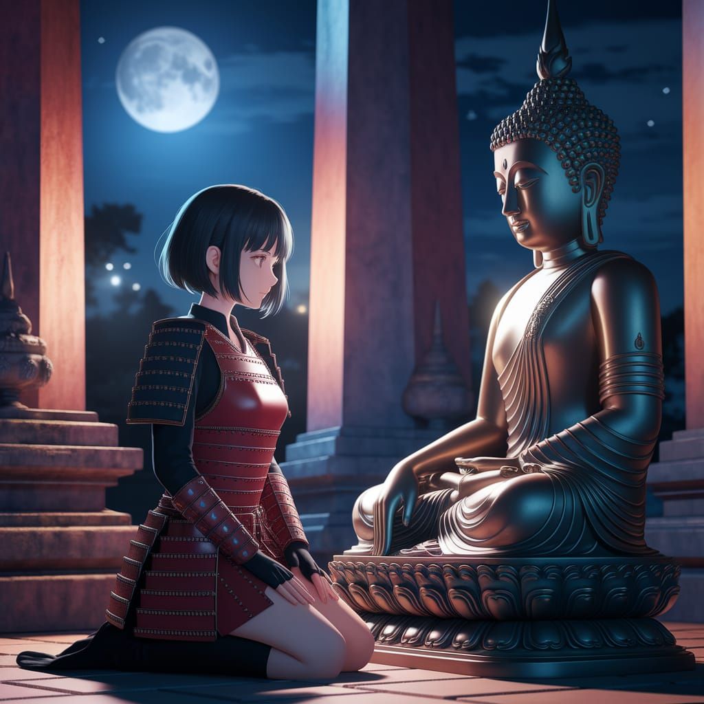 Anime Woman Kneels Before Buddha in Ancient Thai Temple