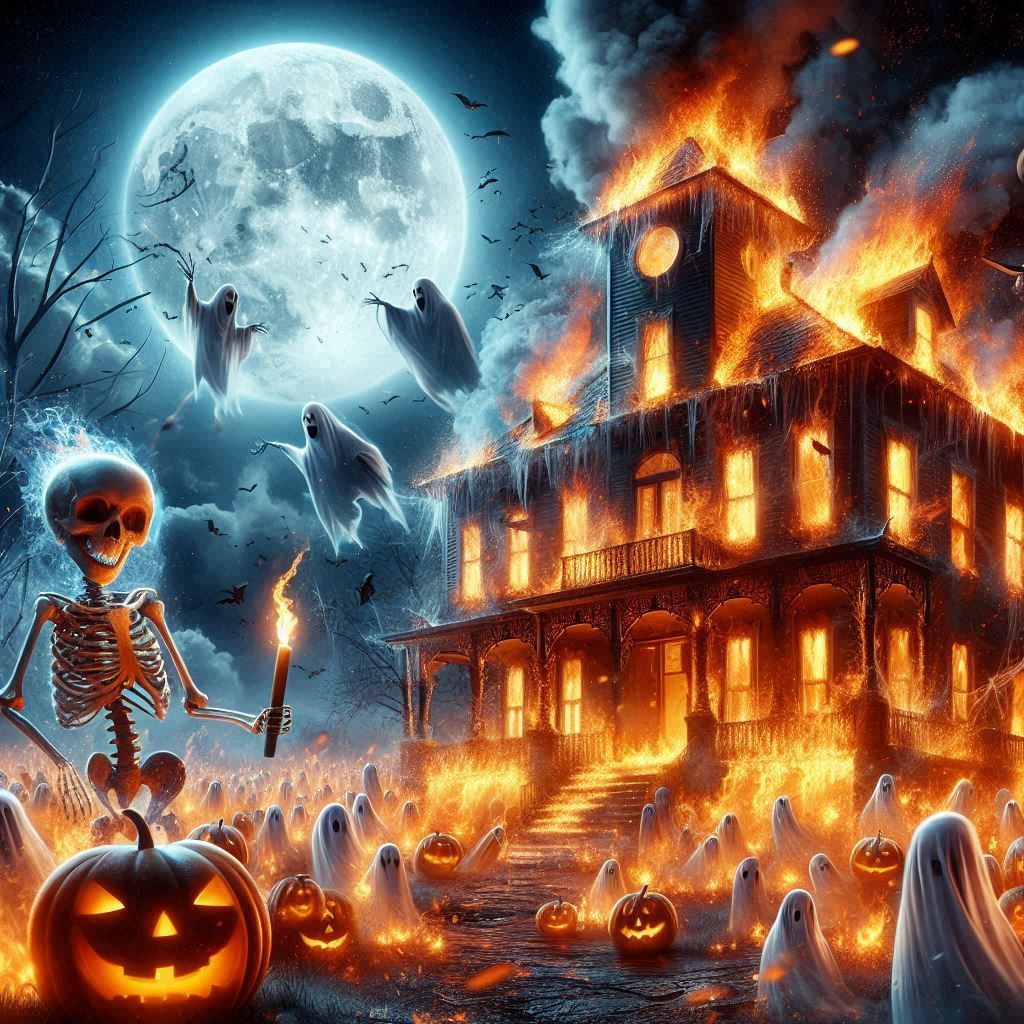 Malicious skeleton burning the haunted house