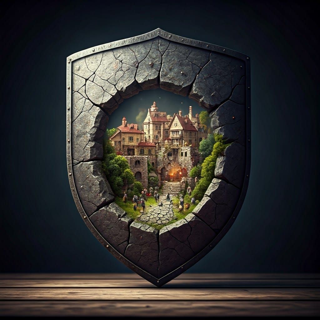 inside a cracked stone shield there is a town with miniature people