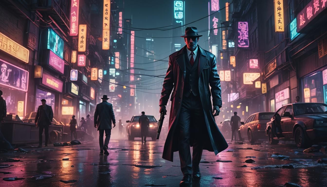 mafia man in cyberpunk city with neon lights