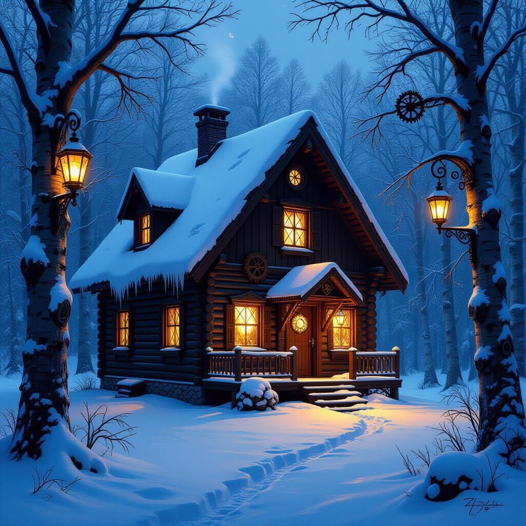 A solitary, snow-covered cabin nestled deep within an enchanted winter forest, glowing with warm, inviting light from its windows. Intricate...