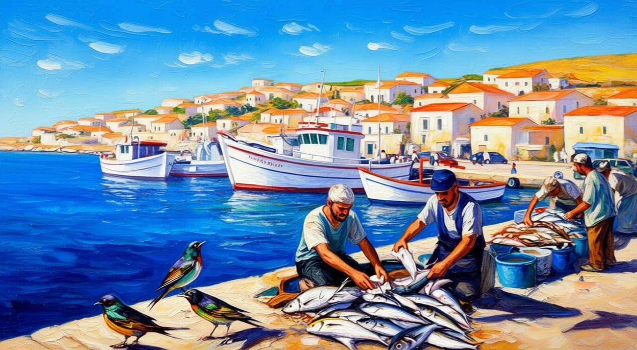 "Midday Work at Akka Harbour" | 🇵🇸 Mediterranean Coastal Scene Expressionist Oil (Flux 2 Dev - Qwen Image Edit Plus - Clarity Upscale 20%)
