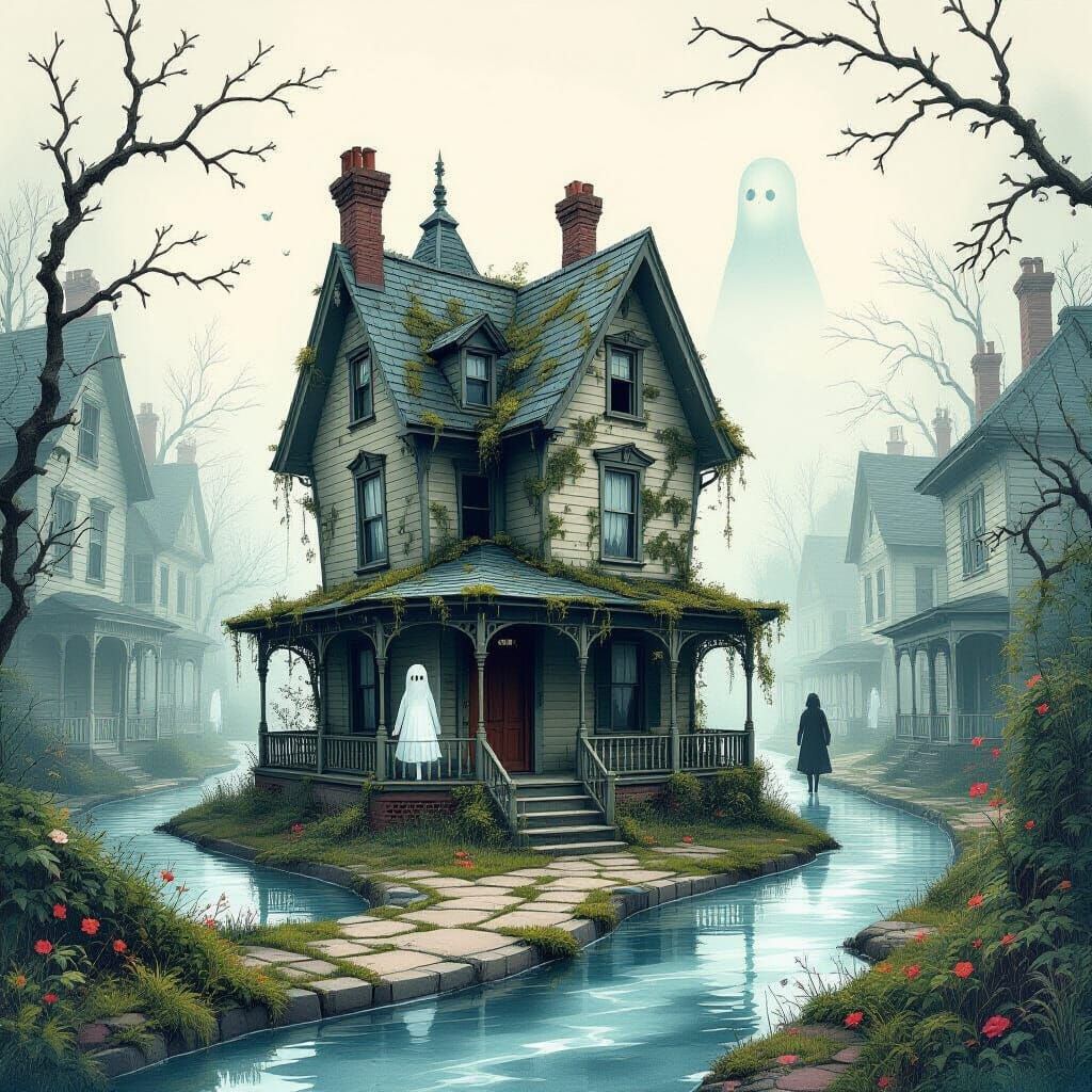 Surreal Childhood Home in Watercolor Style