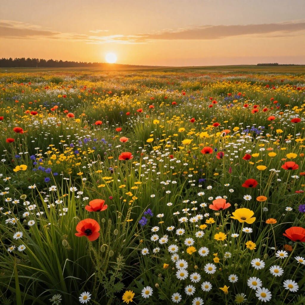 Vibrant Spring Wildflower Field at Golden Sunrise