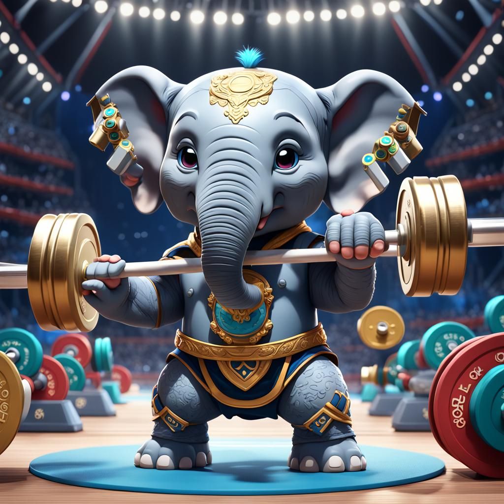 Chibi elephant wearing Olympic games attire lifting weights  by @Rain Phoenix Tilla 